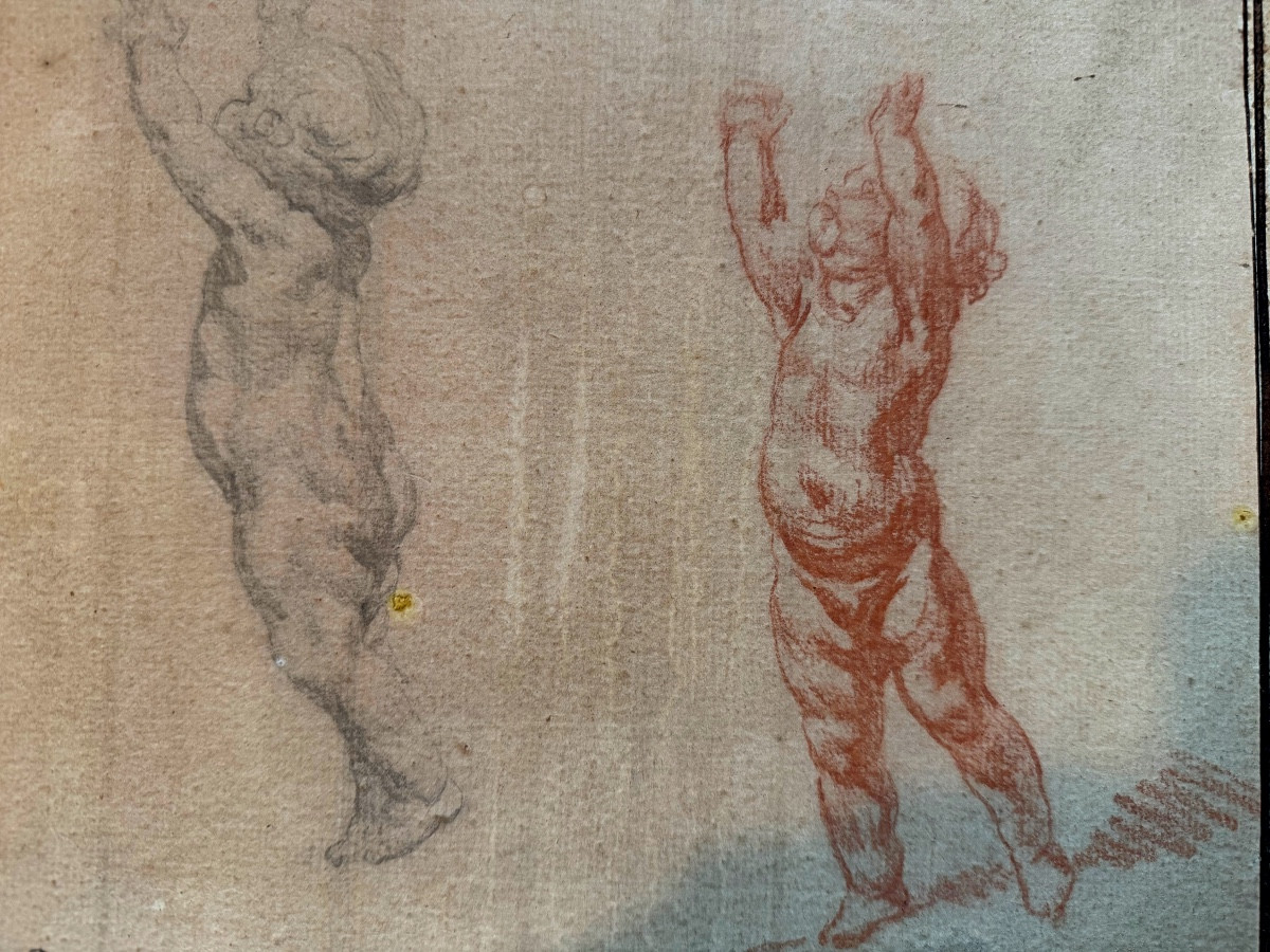  Belle Sanguine et Crayon noir: Dessin Original; "les Puttis élancés" de J.B.  Greuse , fin 18è-photo-2