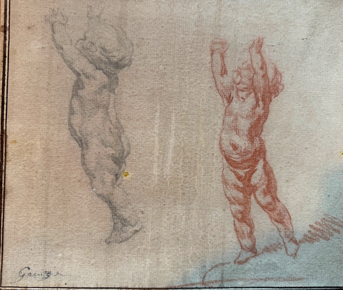  Belle Sanguine et Crayon noir: Dessin Original; "les Puttis élancés" de J.B.  Greuse , fin 18è-photo-2