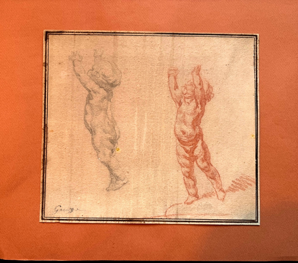  Belle Sanguine et Crayon noir: Dessin Original; "les Puttis élancés" de J.B.  Greuse , fin 18è-photo-6