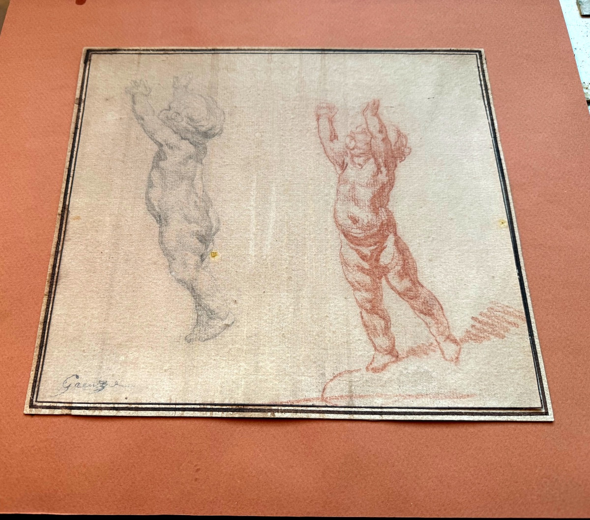  Belle Sanguine et Crayon noir: Dessin Original; "les Puttis élancés" de J.B.  Greuse , fin 18è-photo-8