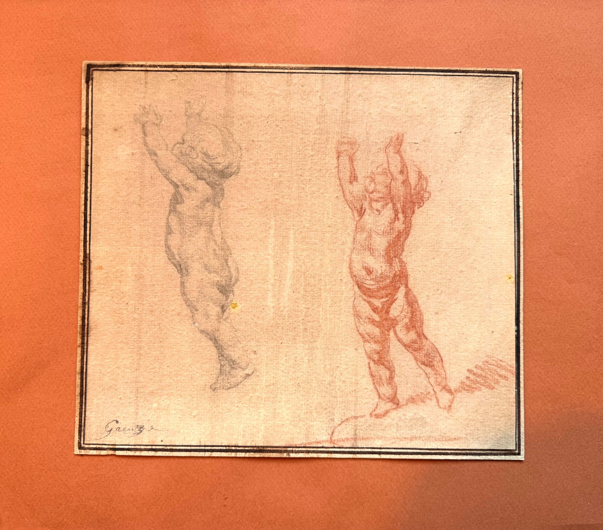  Belle Sanguine et Crayon noir: Dessin Original; "les Puttis élancés" de J.B.  Greuse , fin 18è
