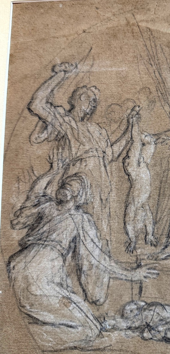 Etude  préparatoire baroque XIX ème au crayon noir et réhaut de craie blanche sur papier bistre-photo-2