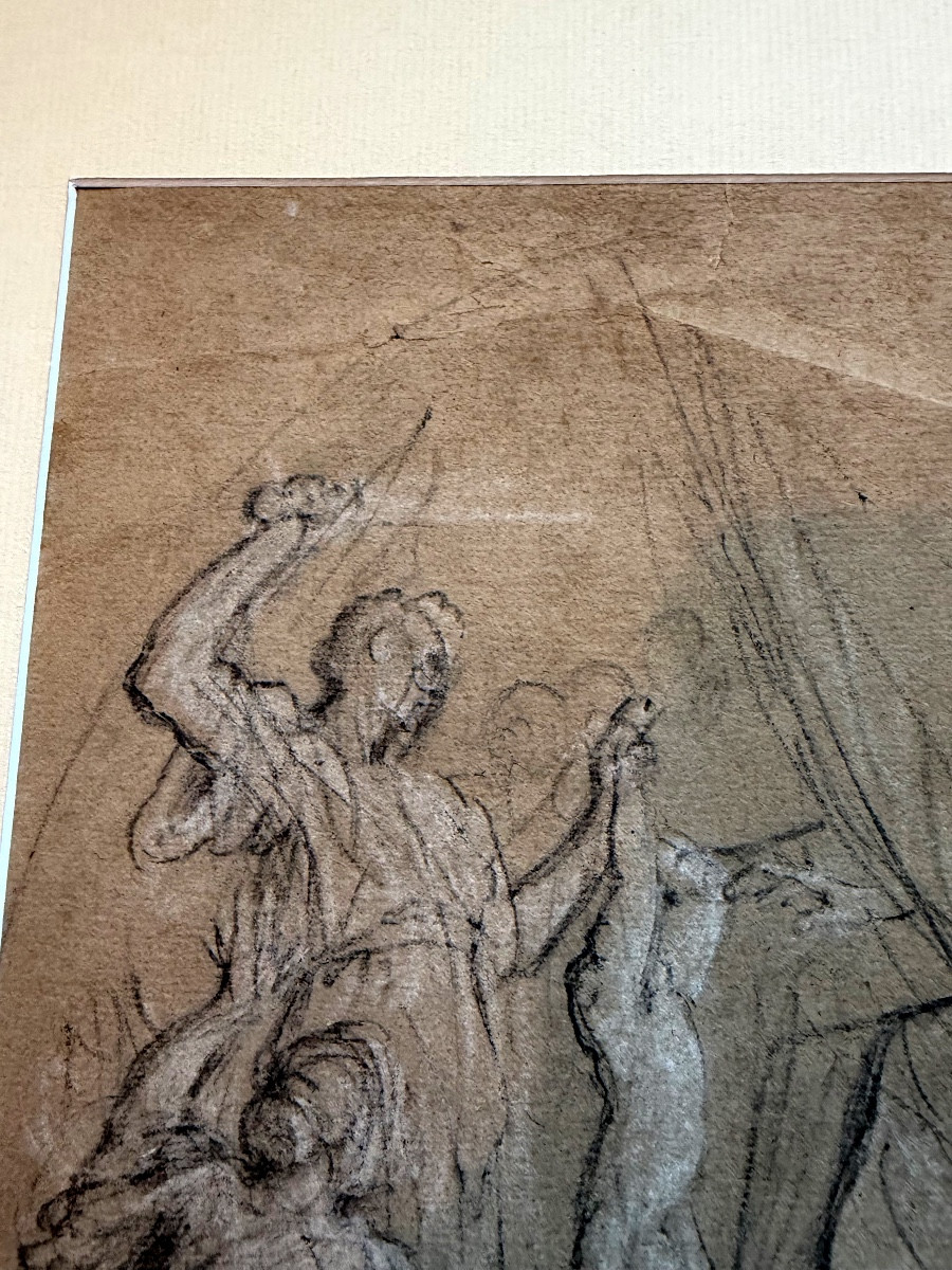 Etude  préparatoire baroque XIX ème au crayon noir et réhaut de craie blanche sur papier bistre-photo-3