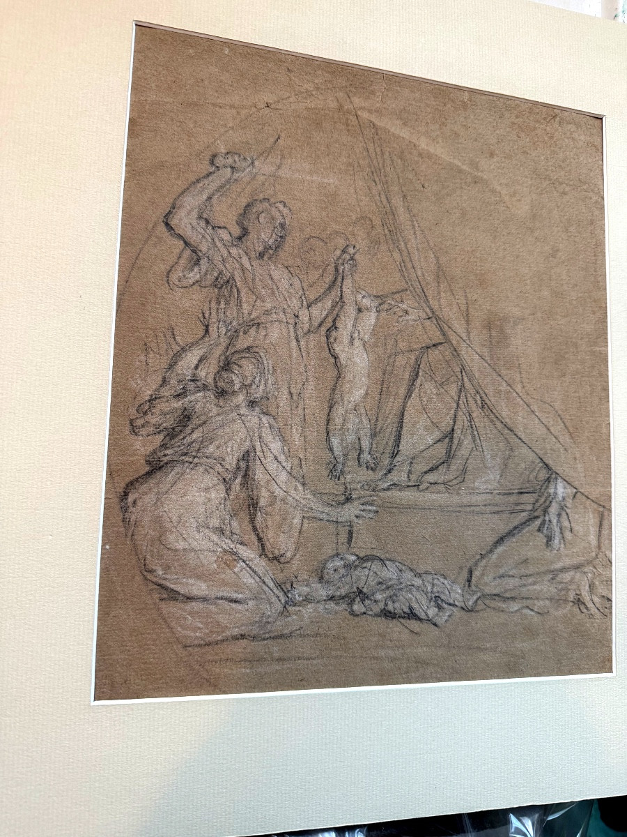 Etude  préparatoire baroque XIX ème au crayon noir et réhaut de craie blanche sur papier bistre-photo-4