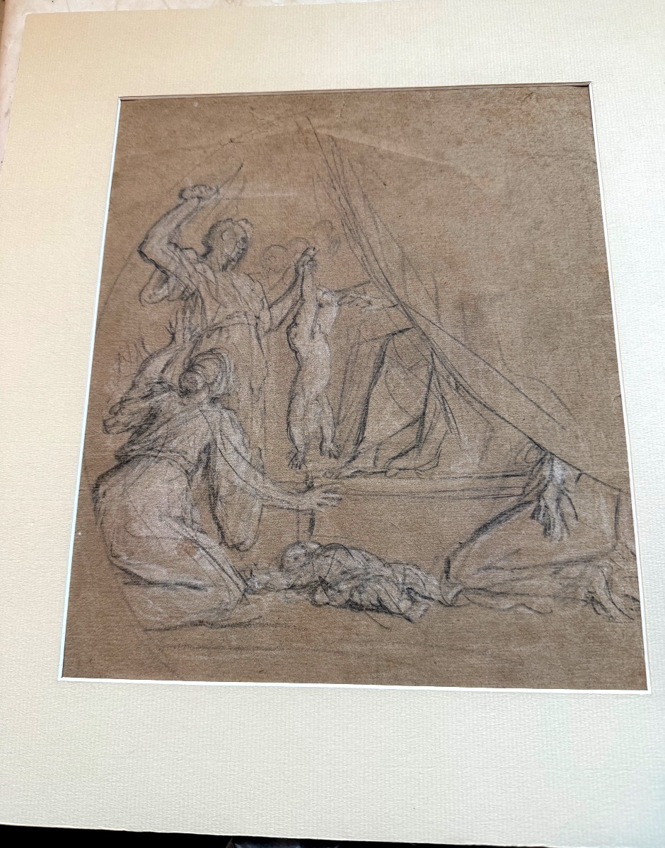 Etude  préparatoire baroque XIX ème au crayon noir et réhaut de craie blanche sur papier bistre-photo-1