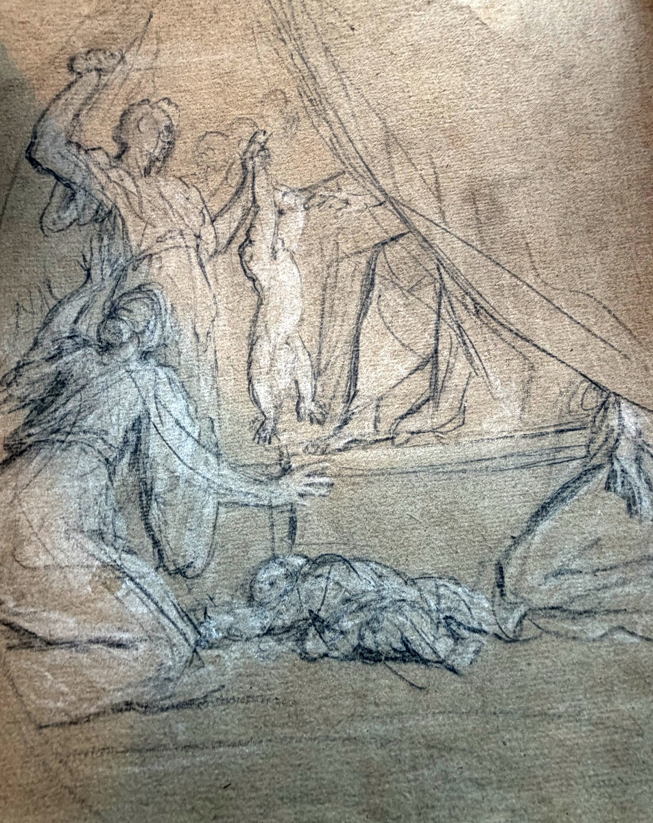 Etude  préparatoire baroque XIX ème au crayon noir et réhaut de craie blanche sur papier bistre-photo-2
