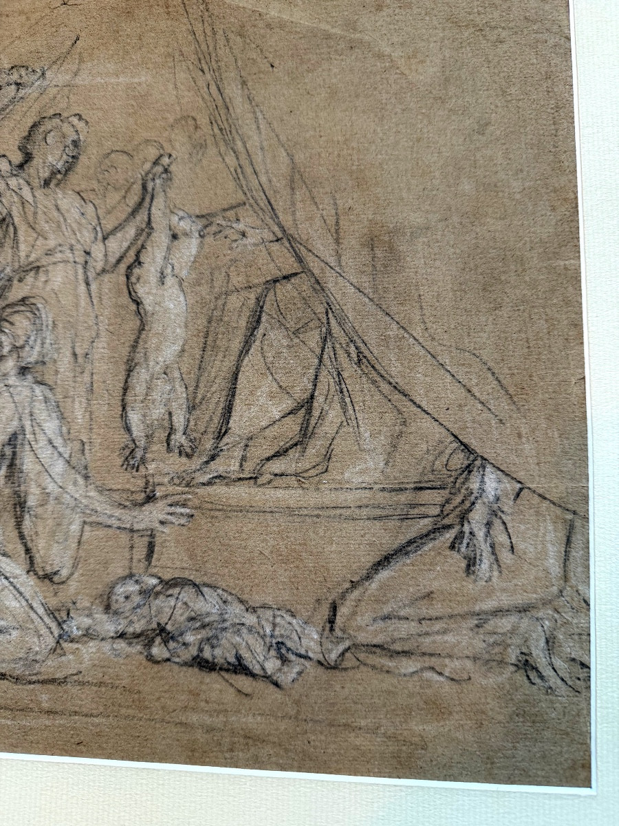 Etude  préparatoire baroque XIX ème au crayon noir et réhaut de craie blanche sur papier bistre-photo-3