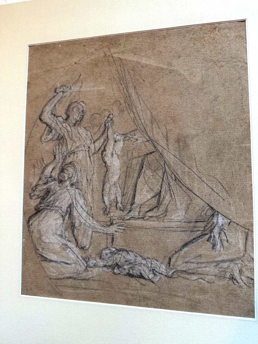 Etude  préparatoire baroque XIX ème au crayon noir et réhaut de craie blanche sur papier bistre-photo-4