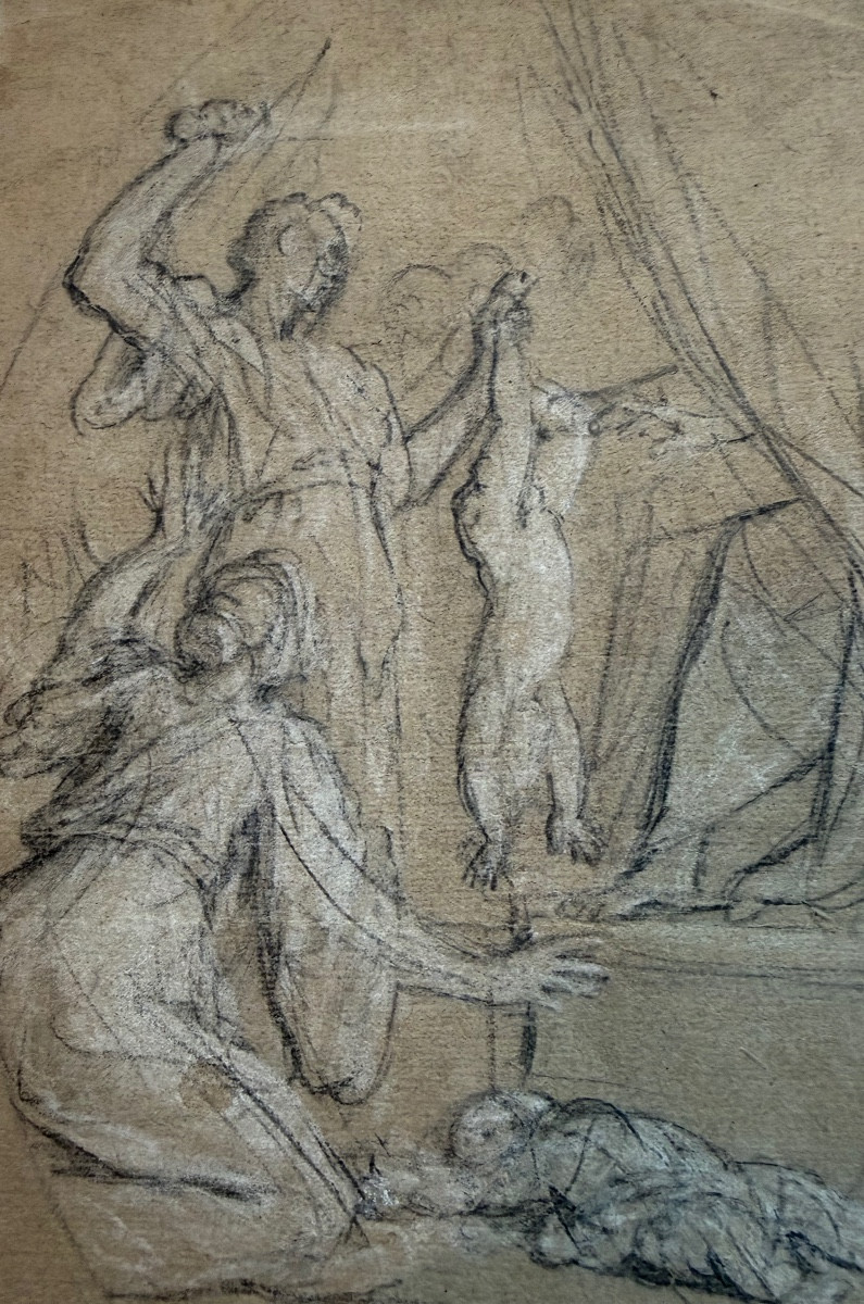 Etude  préparatoire baroque XIX ème au crayon noir et réhaut de craie blanche sur papier bistre-photo-5