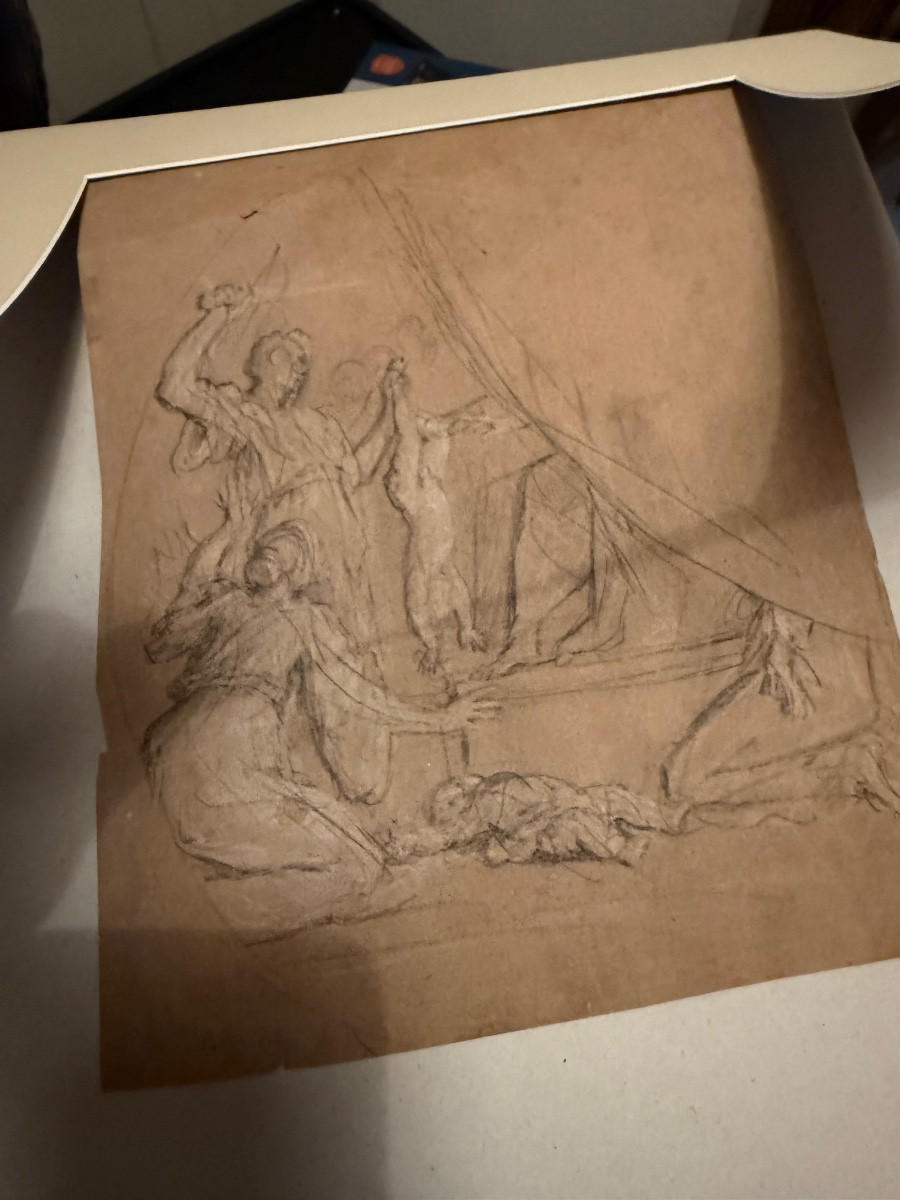 Etude  préparatoire baroque XIX ème au crayon noir et réhaut de craie blanche sur papier bistre-photo-6