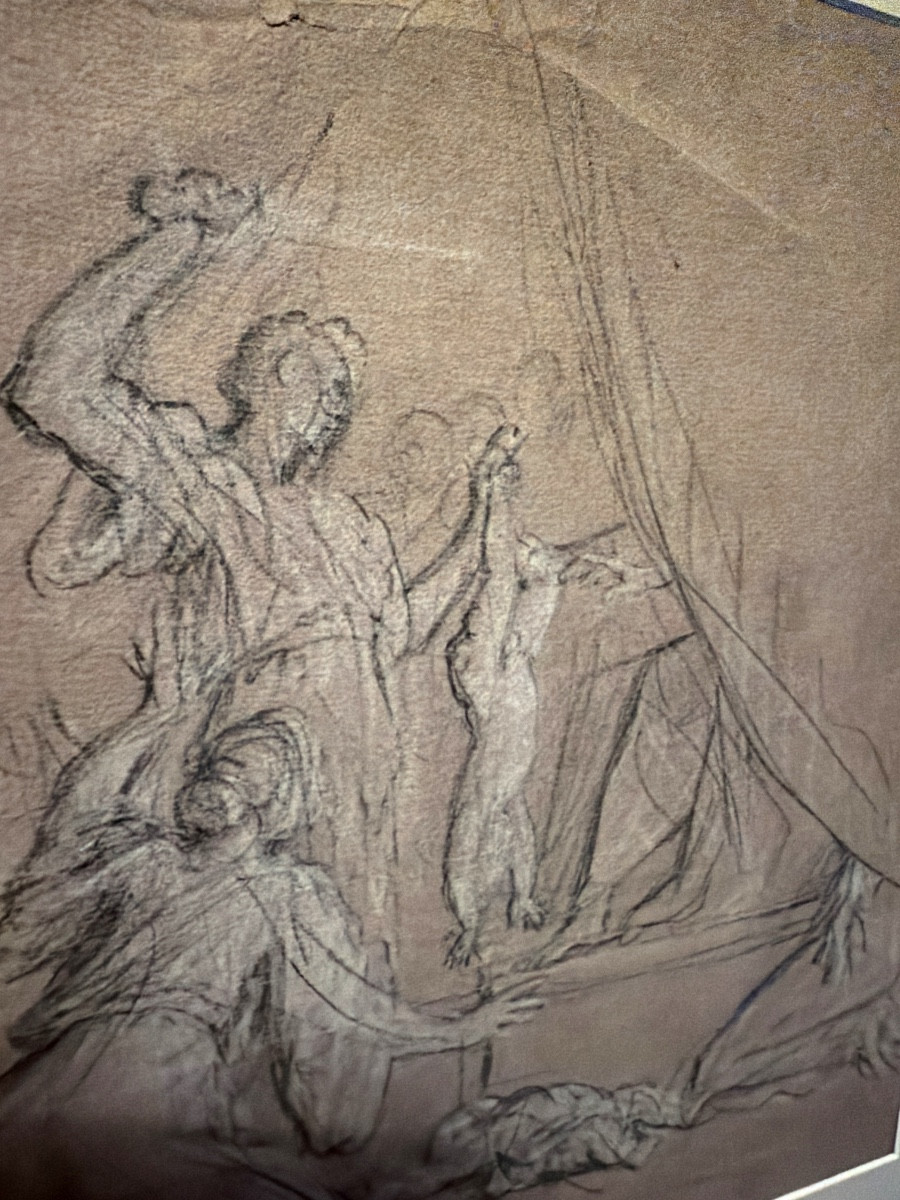 Etude  préparatoire baroque XIX ème au crayon noir et réhaut de craie blanche sur papier bistre-photo-7