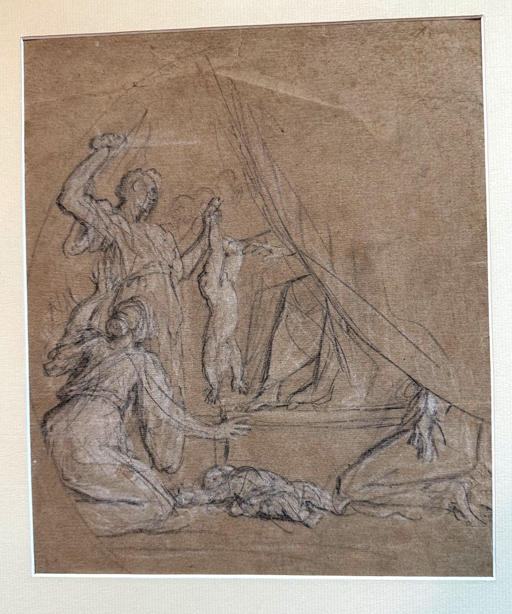Etude  préparatoire baroque XIX ème au crayon noir et réhaut de craie blanche sur papier bistre-photo-8