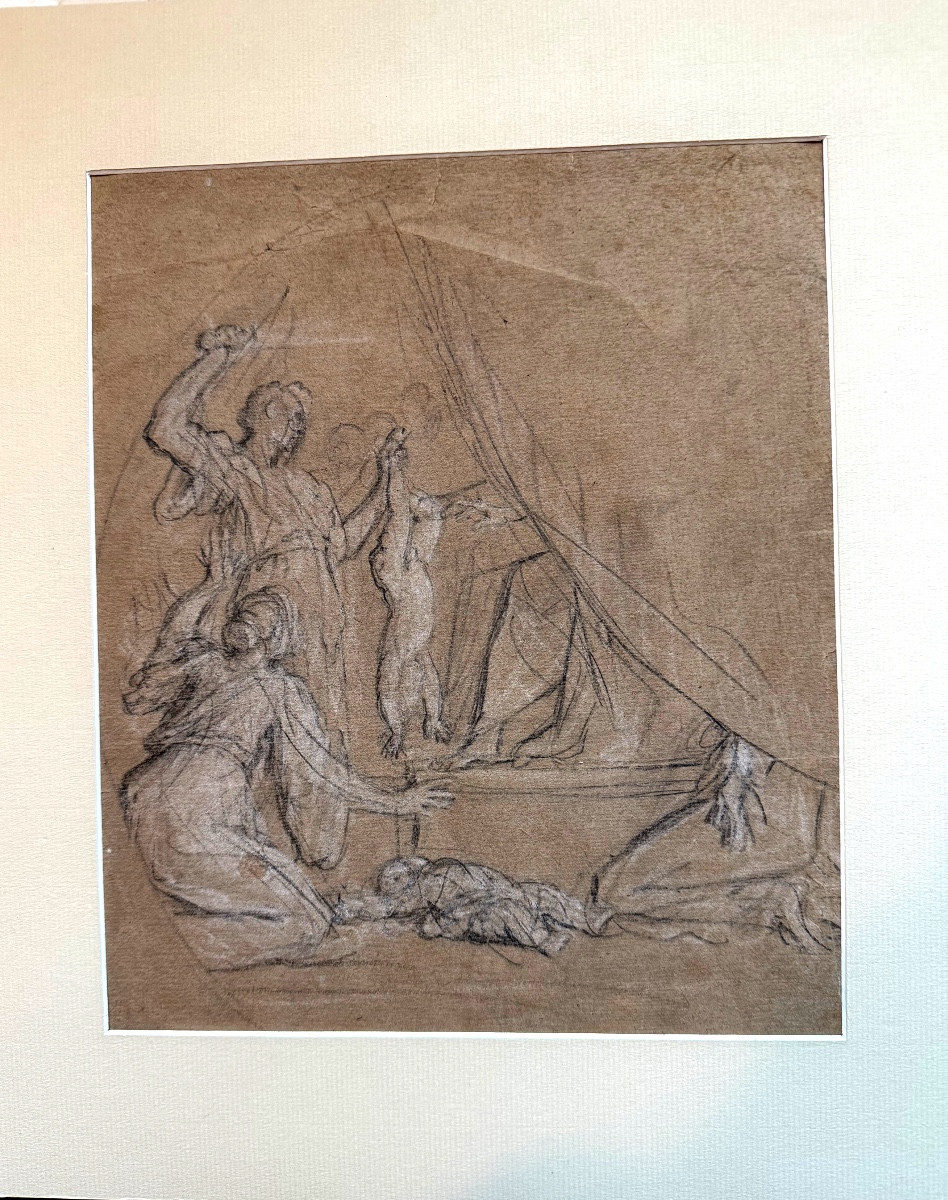 Etude  préparatoire baroque XIX ème au crayon noir et réhaut de craie blanche sur papier bistre