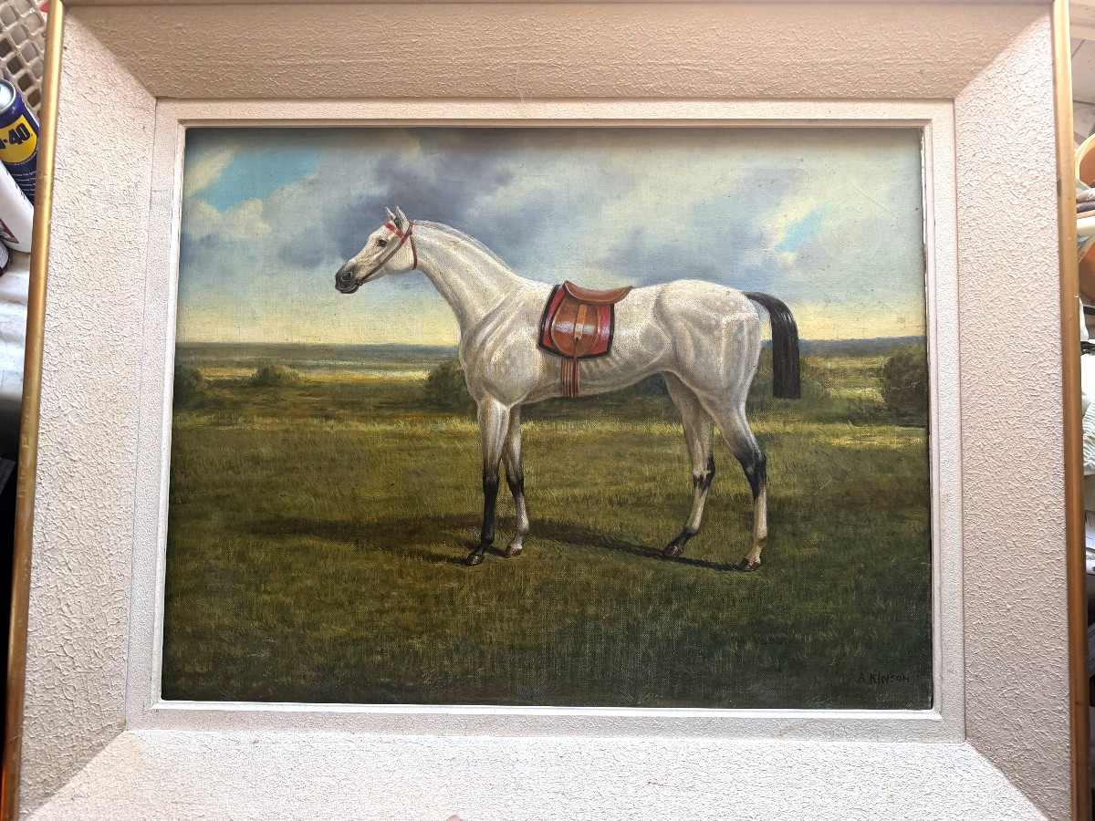 "racehorse", Pearl Gray Large Portrait, Signed A. Kinson, From The 1950s, In Its Frame -photo-4