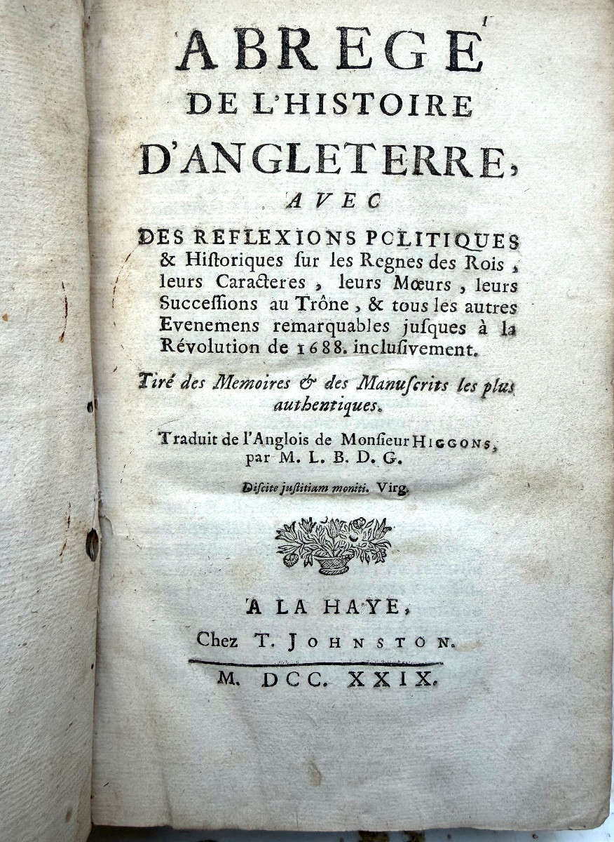 A Fine Octavo Copy From 1729: "abridged History Of England," Translated From The English By Mr. Higgons-photo-3