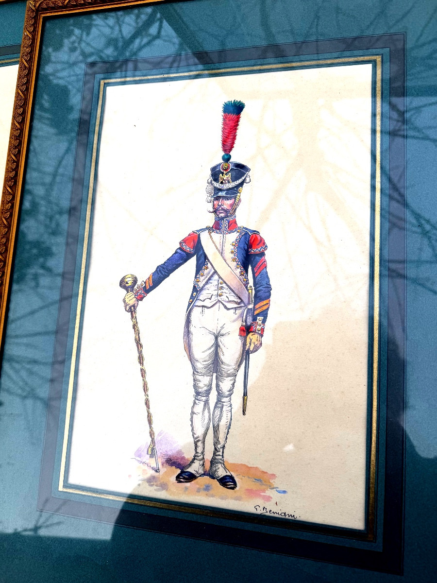 Suite de quatre gouaches encadrées de Militaires du Premier Empire fin XIXème de P Bénigni-photo-3