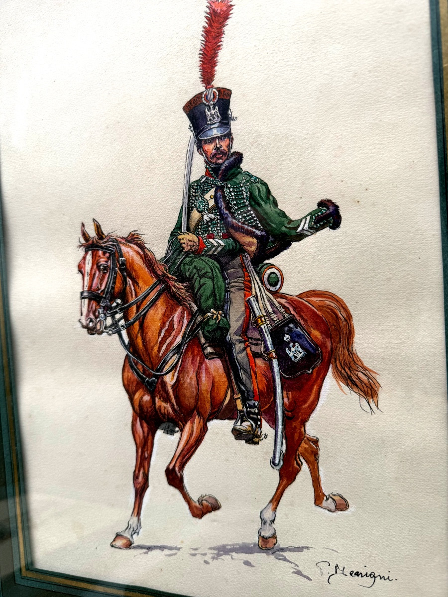 Suite de quatre gouaches encadrées de Militaires du Premier Empire fin XIXème de P Bénigni-photo-4