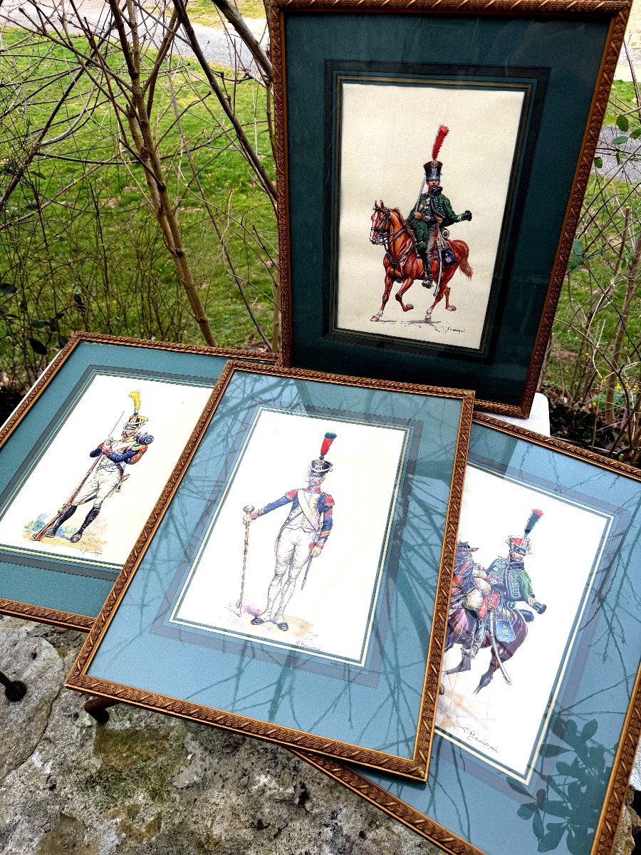 Suite de quatre gouaches encadrées de Militaires du Premier Empire fin XIXème de P Bénigni