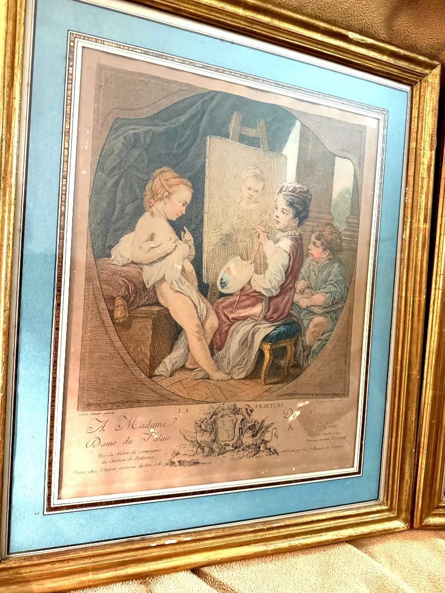 Paire d'aquateintes dédiée a Madame de Pompadour Palais de la Reine "La Musique et la Peinture"-photo-2
