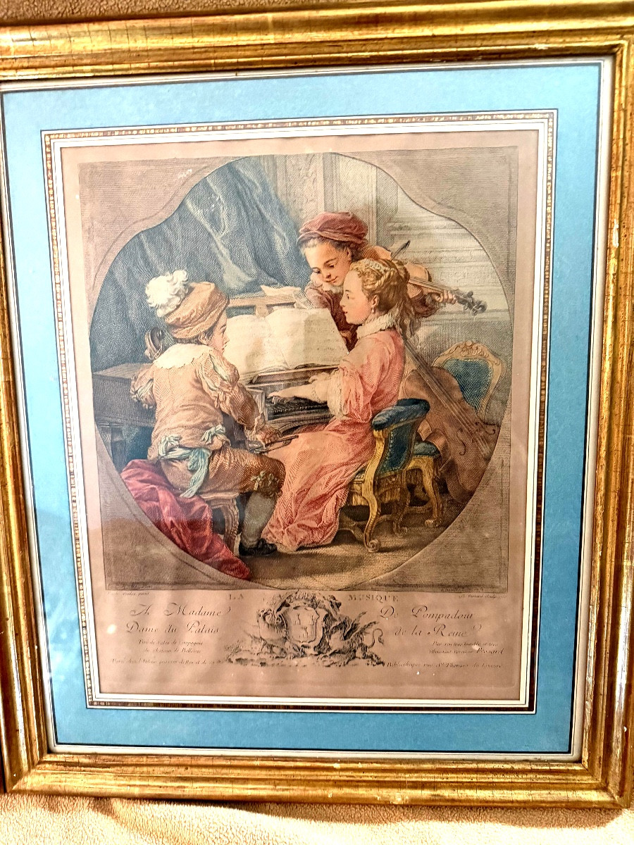 Paire d'aquateintes dédiée a Madame de Pompadour Palais de la Reine "La Musique et la Peinture"-photo-3