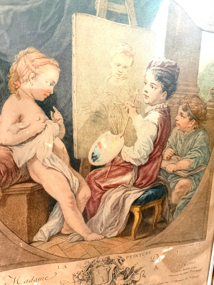 Paire d'aquateintes dédiée a Madame de Pompadour Palais de la Reine "La Musique et la Peinture"-photo-4