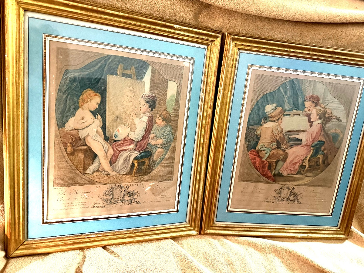 Paire d'aquateintes dédiée a Madame de Pompadour Palais de la Reine "La Musique et la Peinture"-photo-3