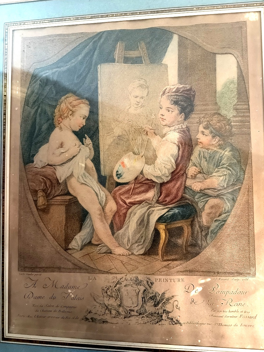 Paire d'aquateintes dédiée a Madame de Pompadour Palais de la Reine "La Musique et la Peinture"-photo-5