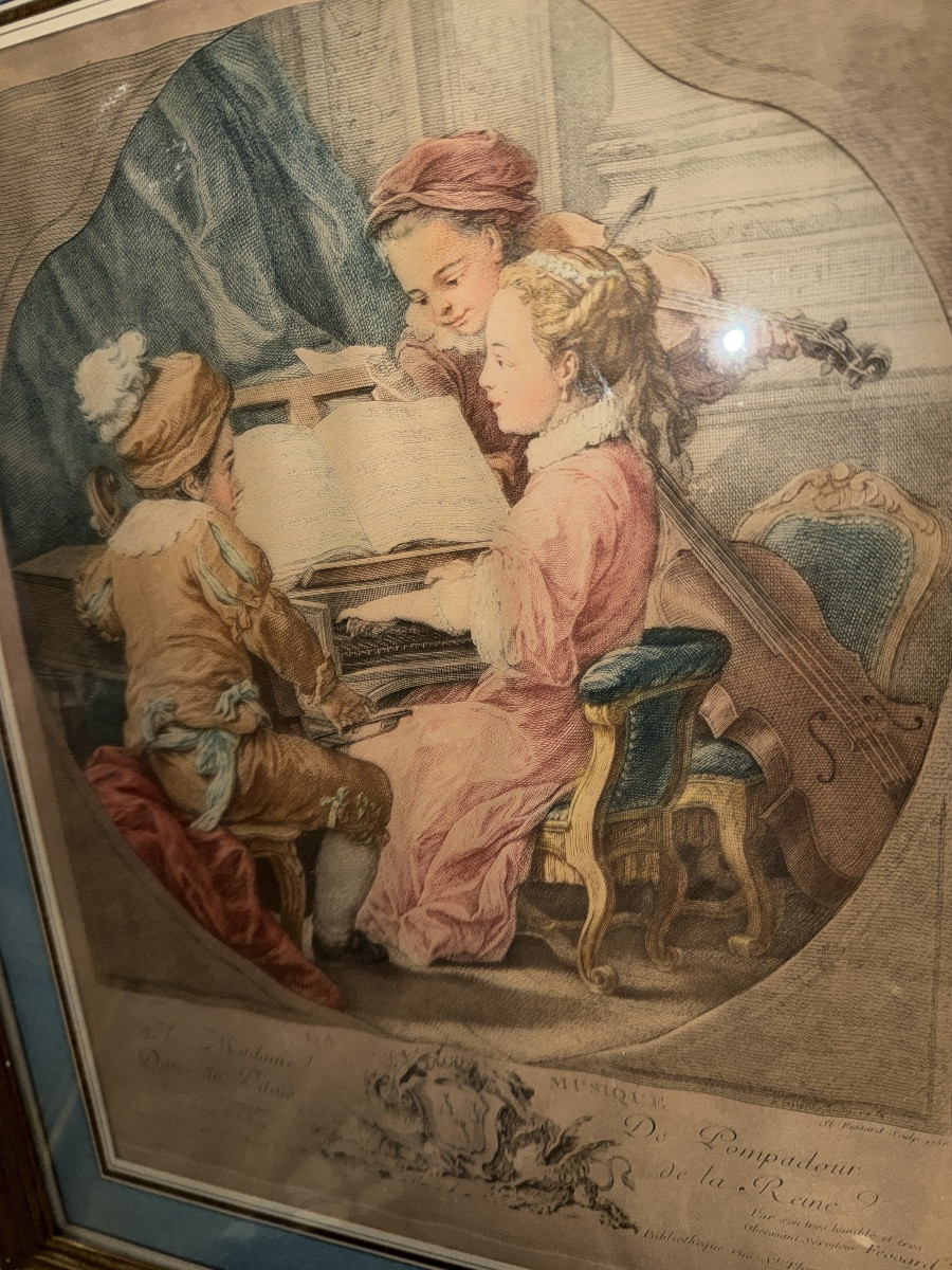 Paire d'aquateintes dédiée a Madame de Pompadour Palais de la Reine "La Musique et la Peinture"-photo-6