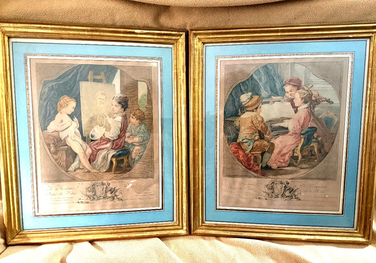 Paire d'aquateintes dédiée a Madame de Pompadour Palais de la Reine "La Musique et la Peinture"