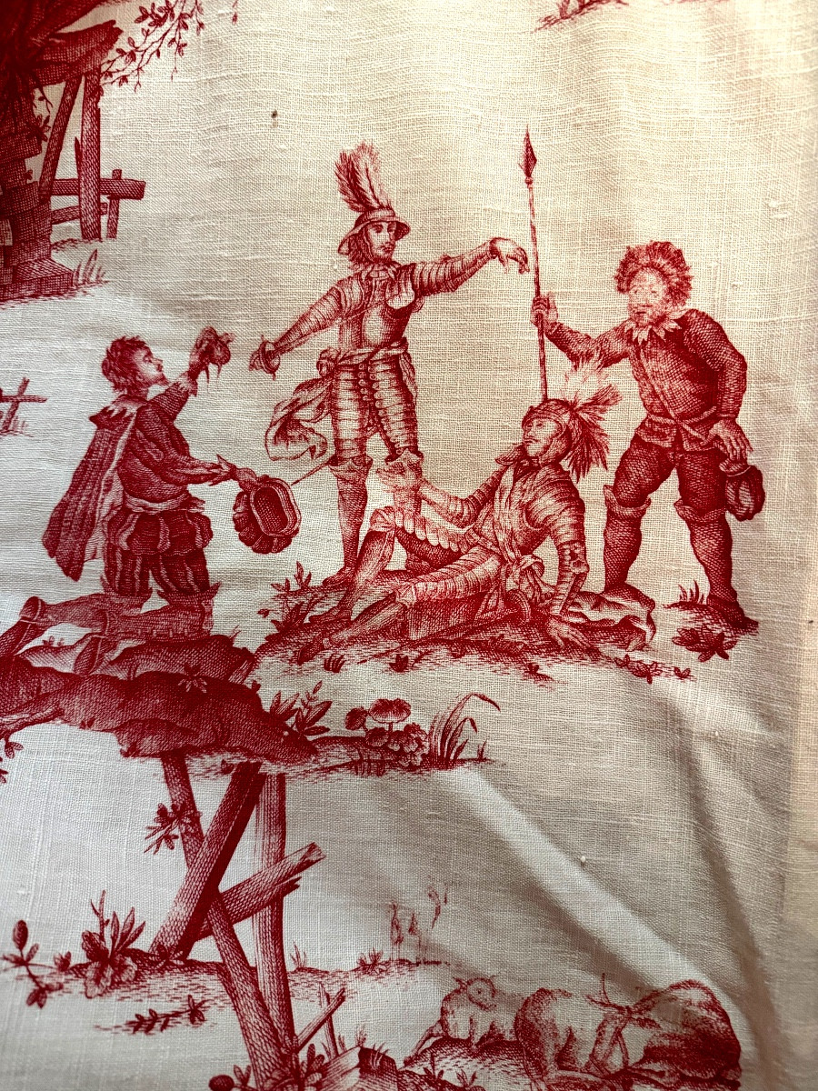 Laie assemblée d'une toile de Jouy  blanche  a divers beaux motifs rouges du XVIIIème siècle-photo-4