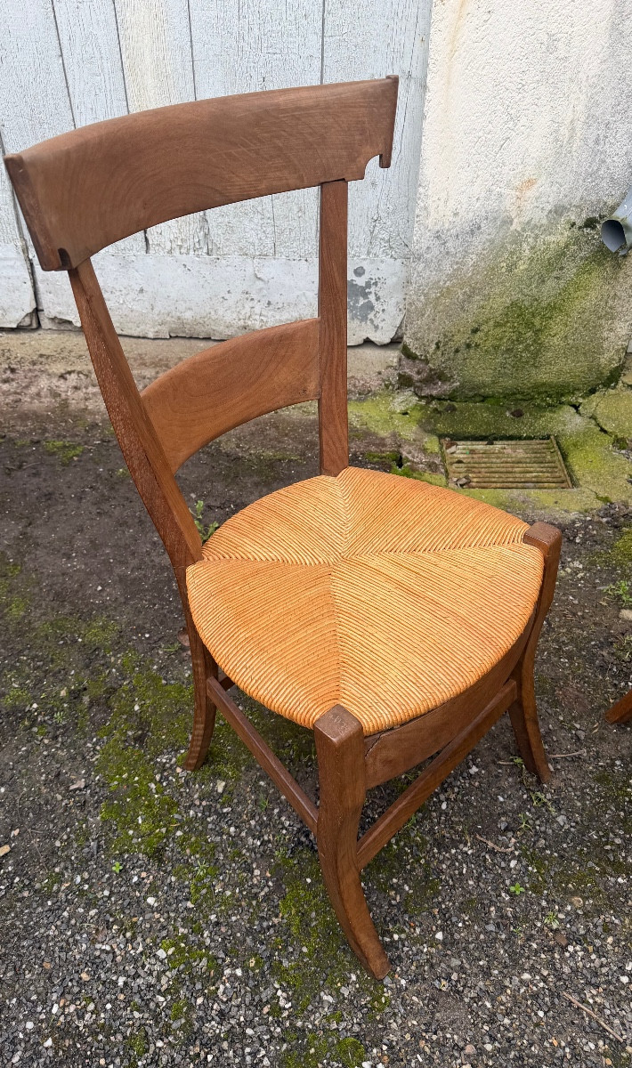 Suite de quatre chaises Directoire cerisier ,bandeau dossier curule 2+2 modèles dont 1 paillée -photo-1