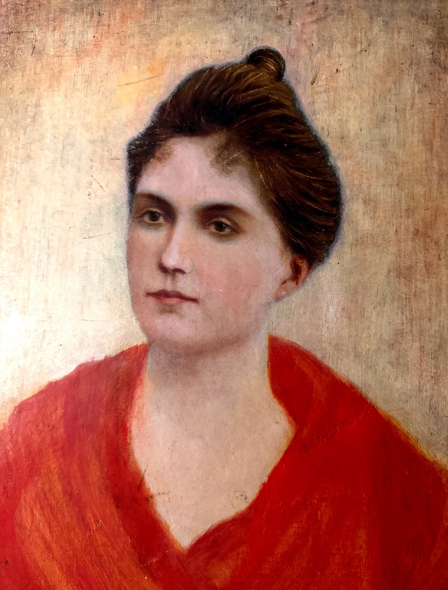 "La jeune Femme au châle rouge" , portrait 1910 ,Huile/toile dans un beau cadre doré format 12F-photo-2