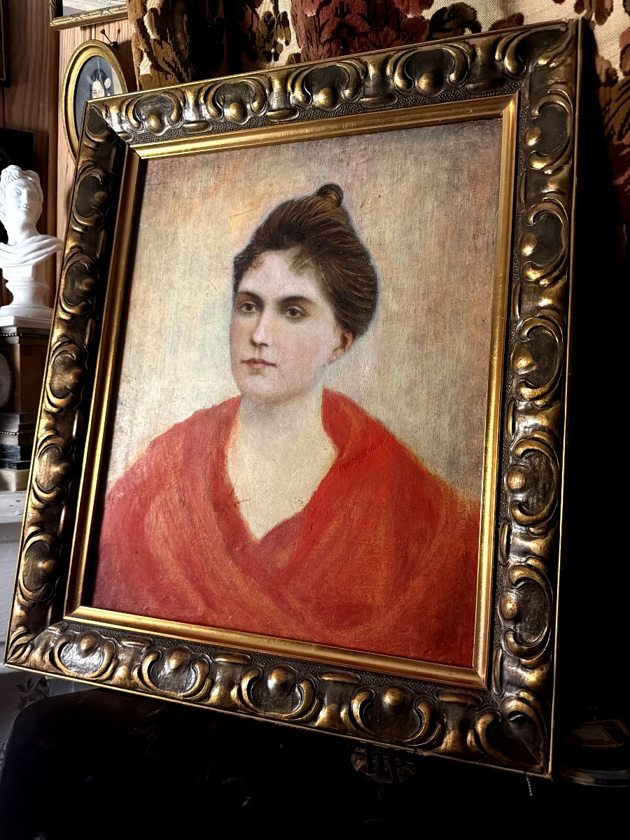 "La jeune Femme au châle rouge" , portrait 1910 ,Huile/toile dans un beau cadre doré format 12F-photo-3