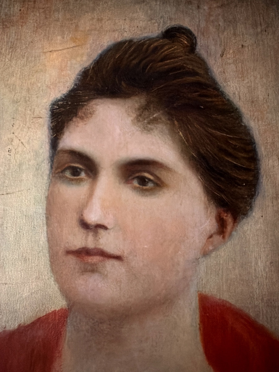 "La jeune Femme au châle rouge" , portrait 1910 ,Huile/toile dans un beau cadre doré format 12F-photo-1