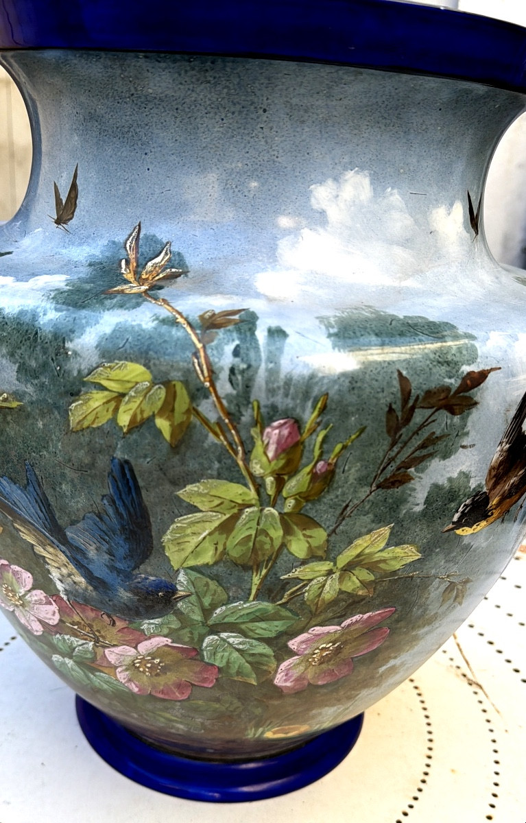 Très grand cache-pot décoré de fleurs oiseaux insectes , porcelaine peinte XXèm Balleroy et Cie-photo-4