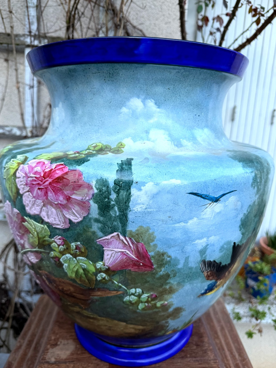 Très grand cache-pot décoré de fleurs oiseaux insectes , porcelaine peinte XXèm Balleroy et Cie-photo-6