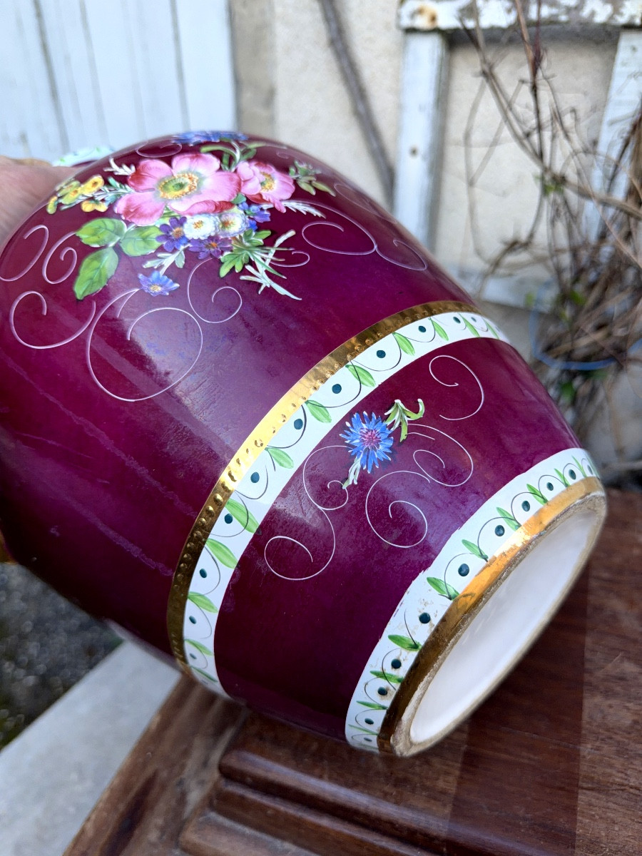 Géant pichet de toilette début 20 ème en faïence décorée  de fleurs sur fond rouge carmin et or-photo-3