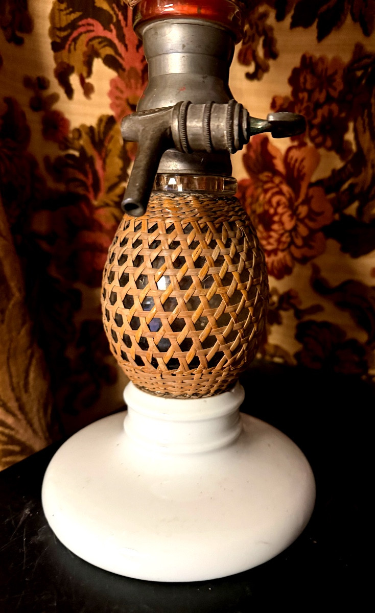 Ensemble de trois pièces verre et cannage Syphon Bret , gourde et flach gainés de cannages XIXè-photo-3