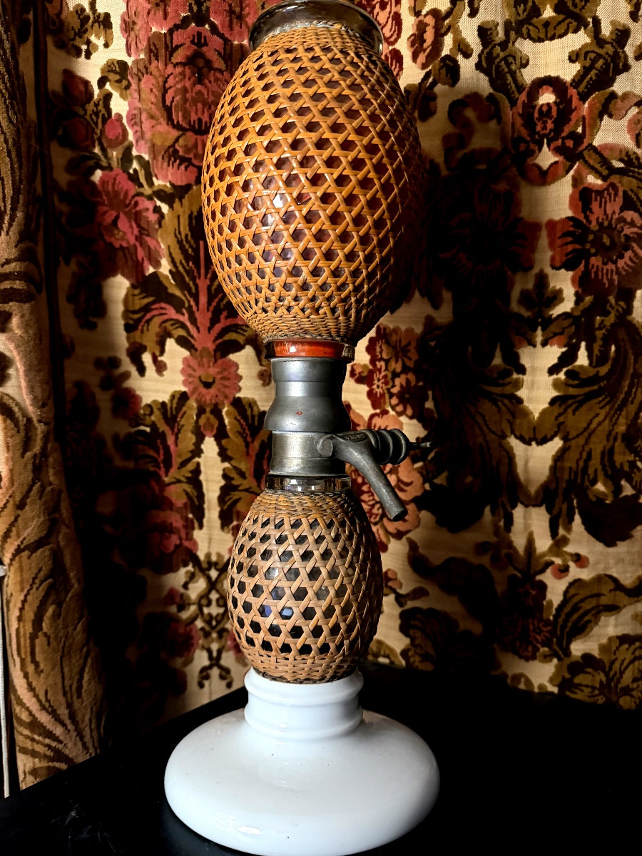 Ensemble de trois pièces verre et cannage Syphon Bret , gourde et flach gainés de cannages XIXè-photo-4