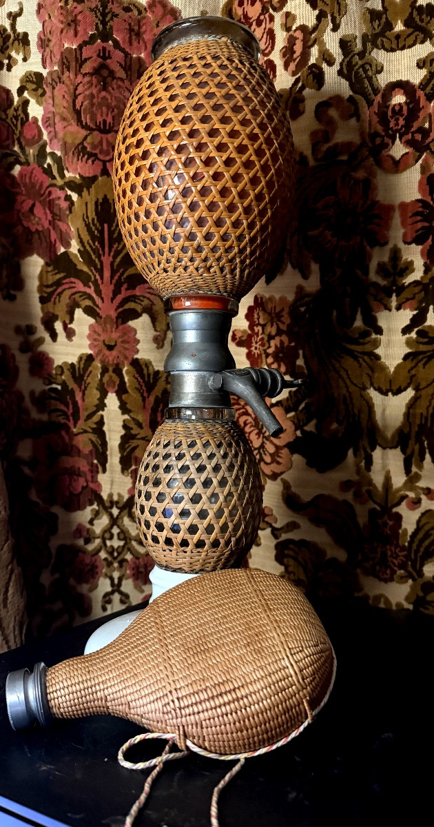 Ensemble de trois pièces verre et cannage Syphon Bret , gourde et flach gainés de cannages XIXè-photo-1
