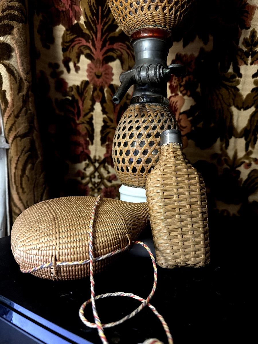 Ensemble de trois pièces verre et cannage Syphon Bret , gourde et flach gainés de cannages XIXè-photo-3