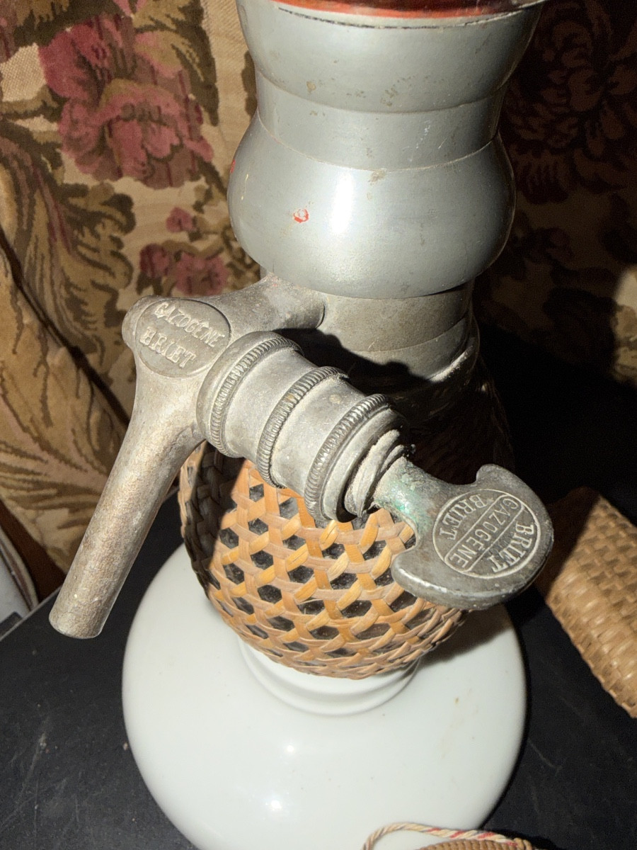 Ensemble de trois pièces verre et cannage Syphon Bret , gourde et flach gainés de cannages XIXè-photo-7