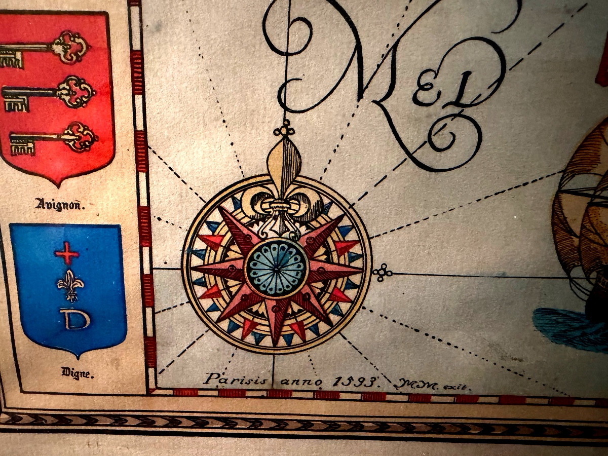 Grande carte colorée de Provence encadrée "Parisis Anno 1593"de Petro Ioanne Bomparis , rep. 60-photo-4