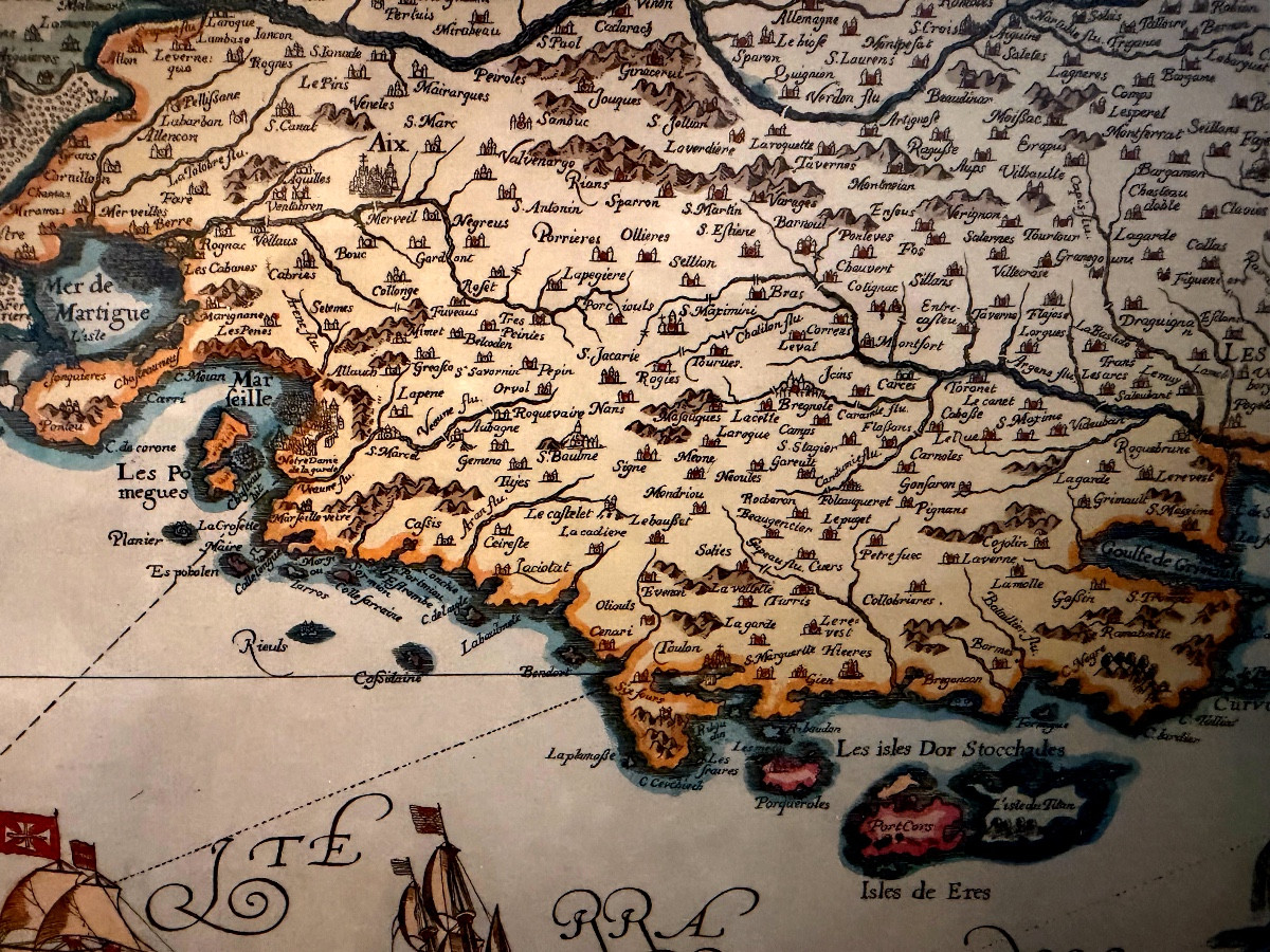 Grande carte colorée de Provence encadrée "Parisis Anno 1593"de Petro Ioanne Bomparis , rep. 60-photo-3