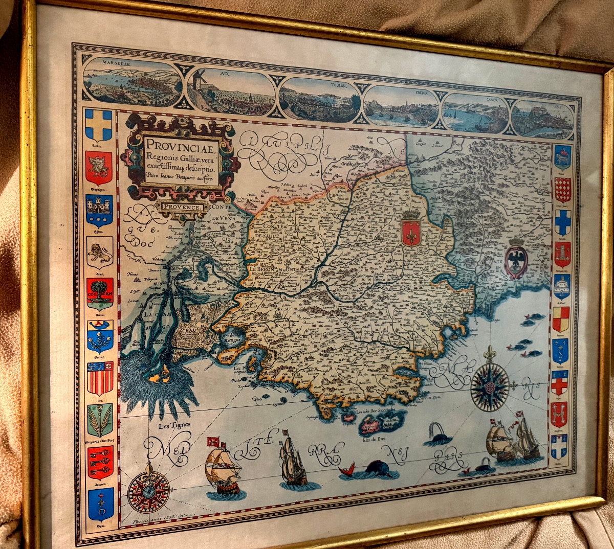 Grande carte colorée de Provence encadrée "Parisis Anno 1593"de Petro Ioanne Bomparis , rep. 60-photo-4