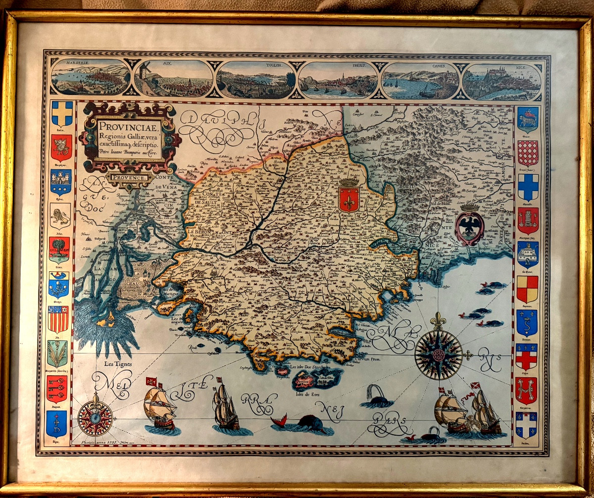 Grande carte colorée de Provence encadrée "Parisis Anno 1593"de Petro Ioanne Bomparis , rep. 60-photo-7