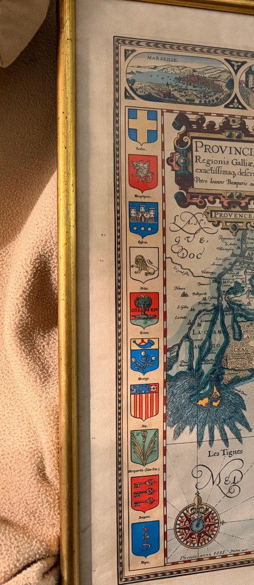 Grande carte colorée de Provence encadrée "Parisis Anno 1593"de Petro Ioanne Bomparis , rep. 60-photo-8