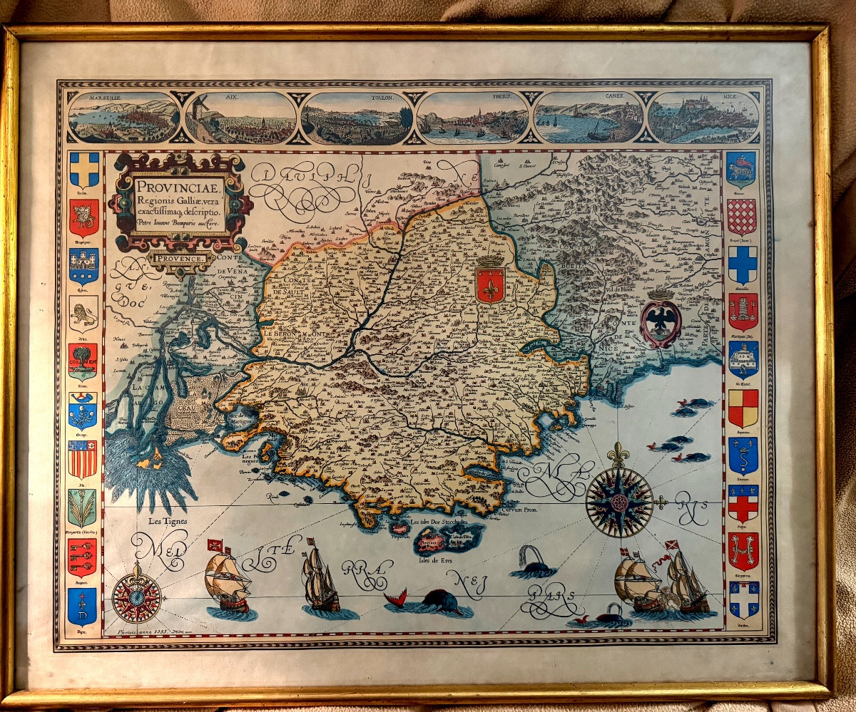 Grande carte colorée de Provence encadrée "Parisis Anno 1593"de Petro Ioanne Bomparis , rep. 60