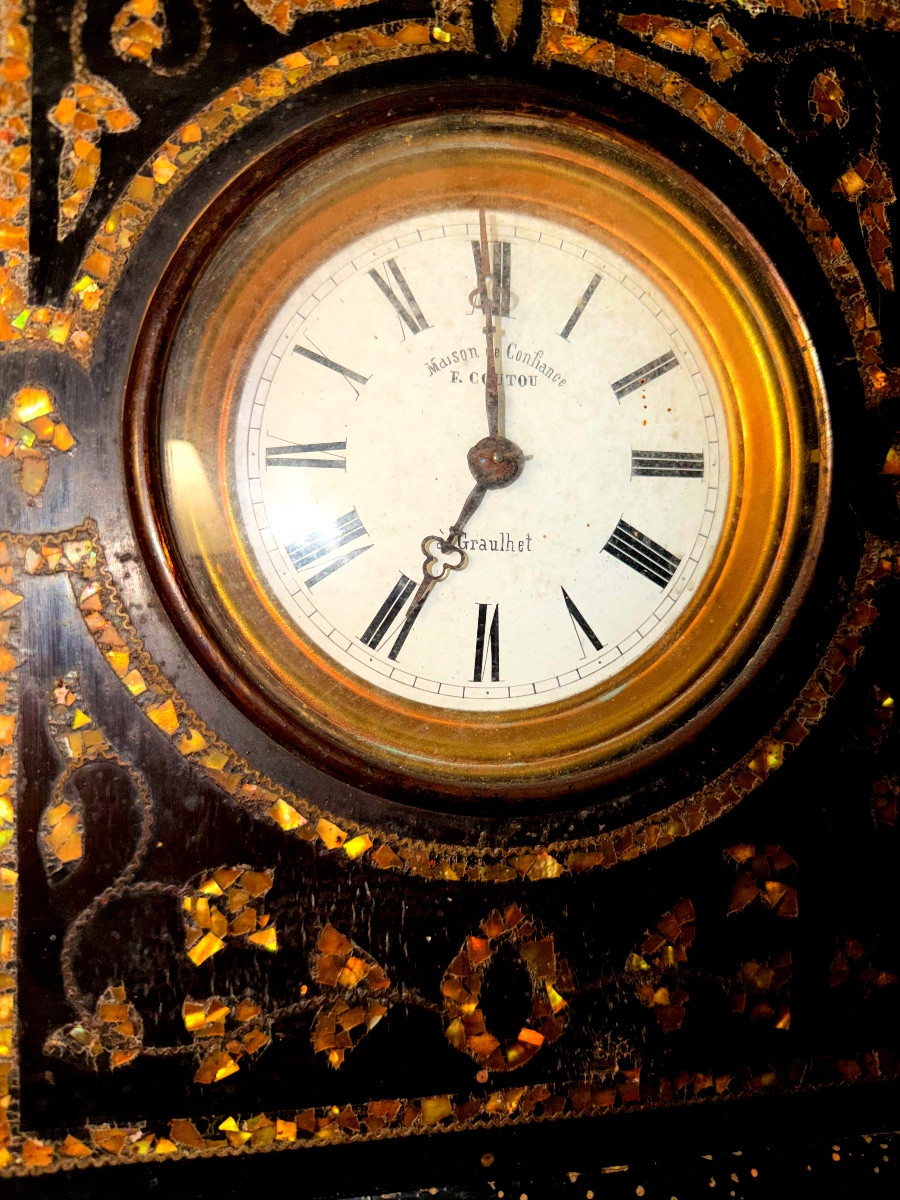 Large Niii Mantel Clock, Black Lacquered Wood Inlaid With Fragmented Multicolored Mother-of-pearl, Sig Coutou-photo-2