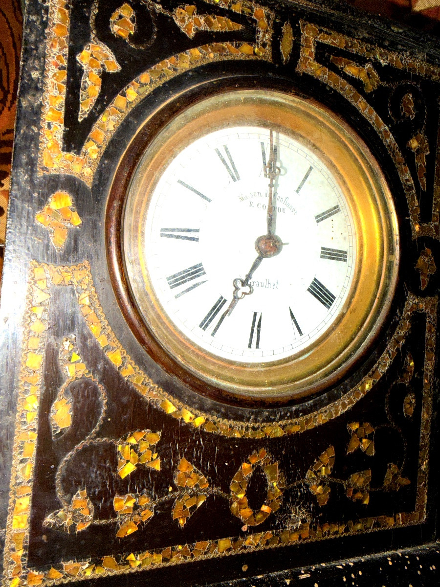 Large Niii Mantel Clock, Black Lacquered Wood Inlaid With Fragmented Multicolored Mother-of-pearl, Sig Coutou-photo-4